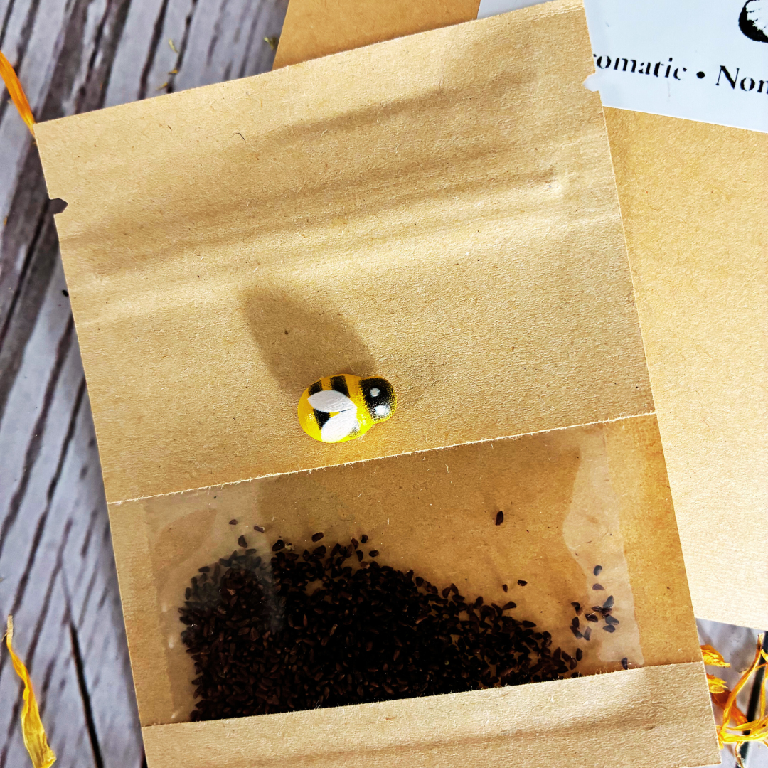 Plant Thyme evening pollinator Sprinkles packaging with white evening primrose seeds on a wooden surface with dried flowers for pollinator gardens