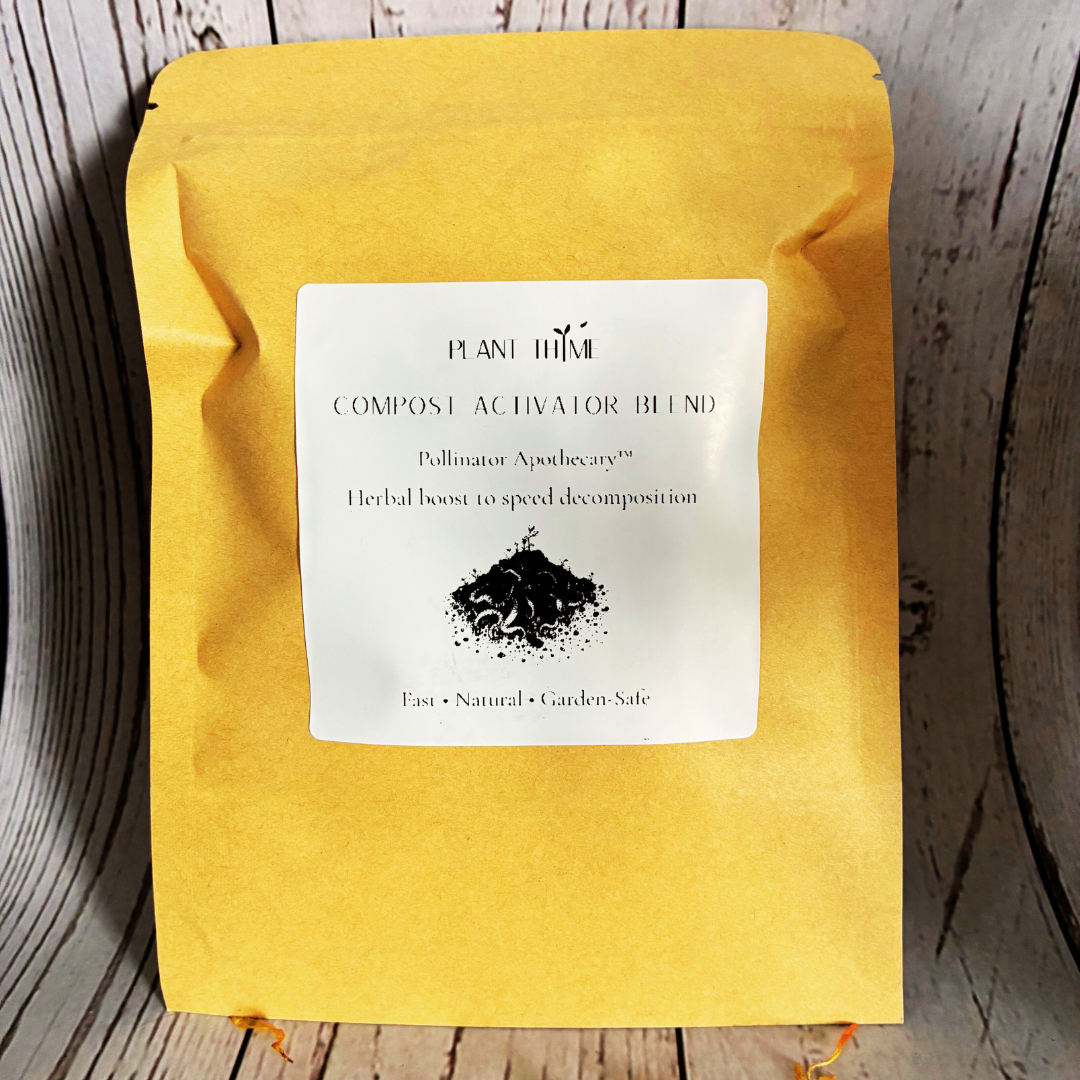 Yellow bag of compost activator blend with a label on a wooden surface