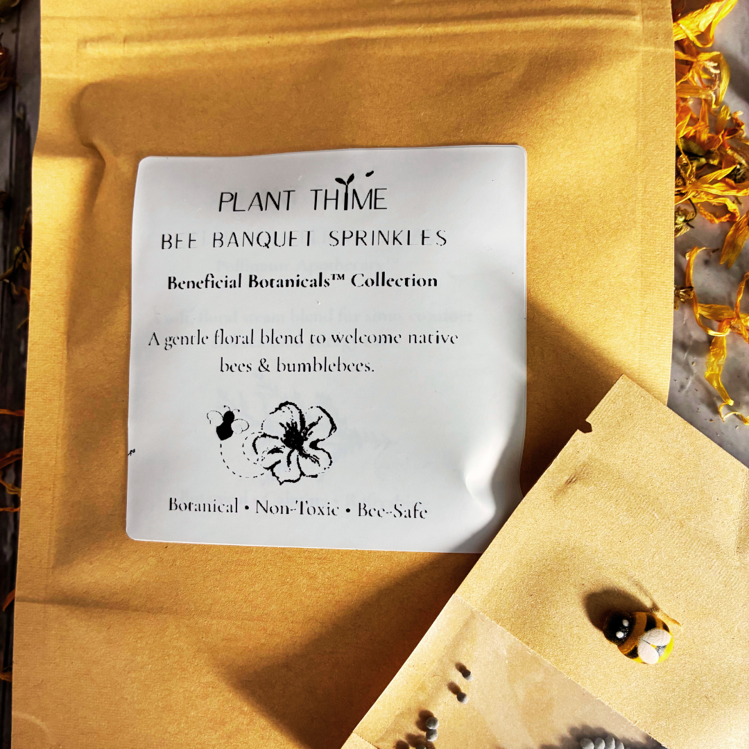 Plant Thyme Bee Banquet Sprinkles packaging with white cloverbee seeds on a wooden surface with dried flowers for pollinator gardens