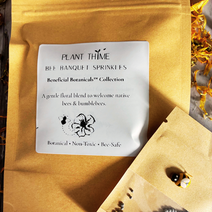 Plant Thyme Bee Banquet Sprinkles packaging with white cloverbee seeds on a wooden surface with dried flowers for pollinator gardens