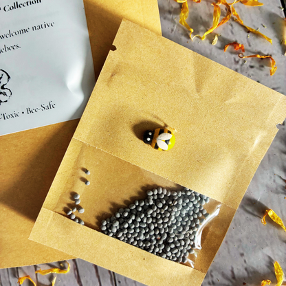 Plant Thyme Bee Banquet Sprinkles packaging with white cloverbee seeds on a wooden surface with dried flowers for pollinator gardens