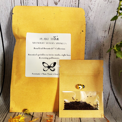 Plant Thyme evening pollinator Sprinkles packaging with white evening primrose seeds on a wooden surface with dried flowers for pollinator gardens