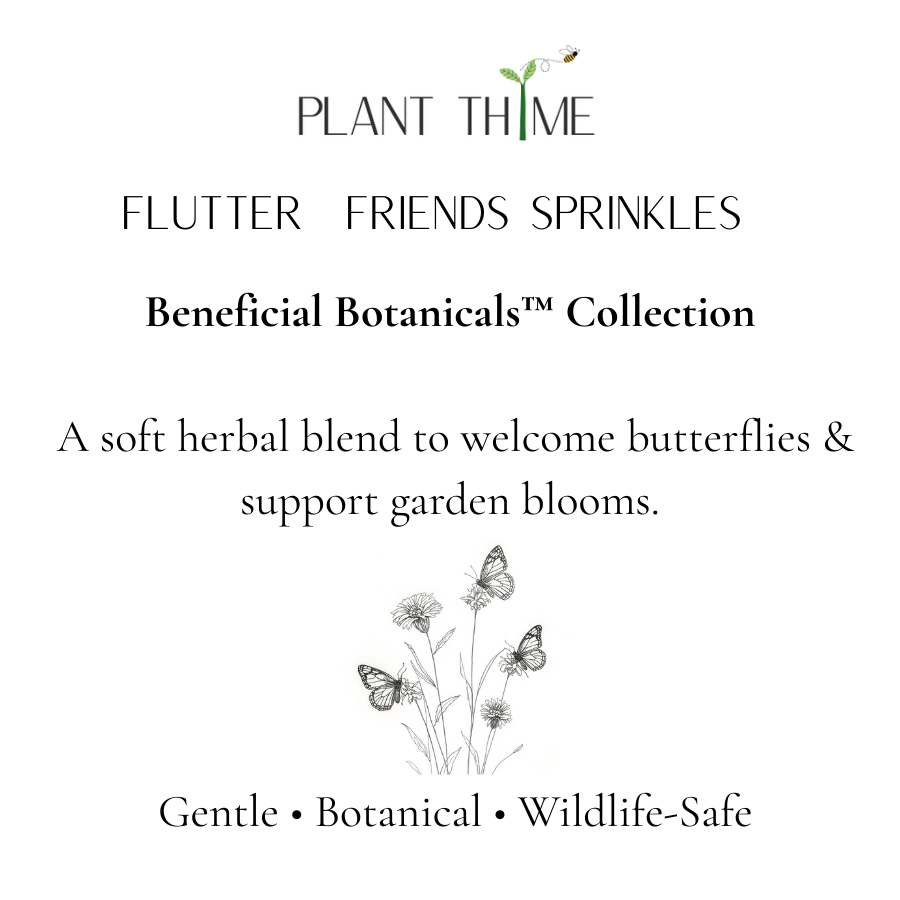 Product label for 'Plant Thyme Flutter Friends Sprinkles' with botanical illustrations and text about butterflies and garden support.