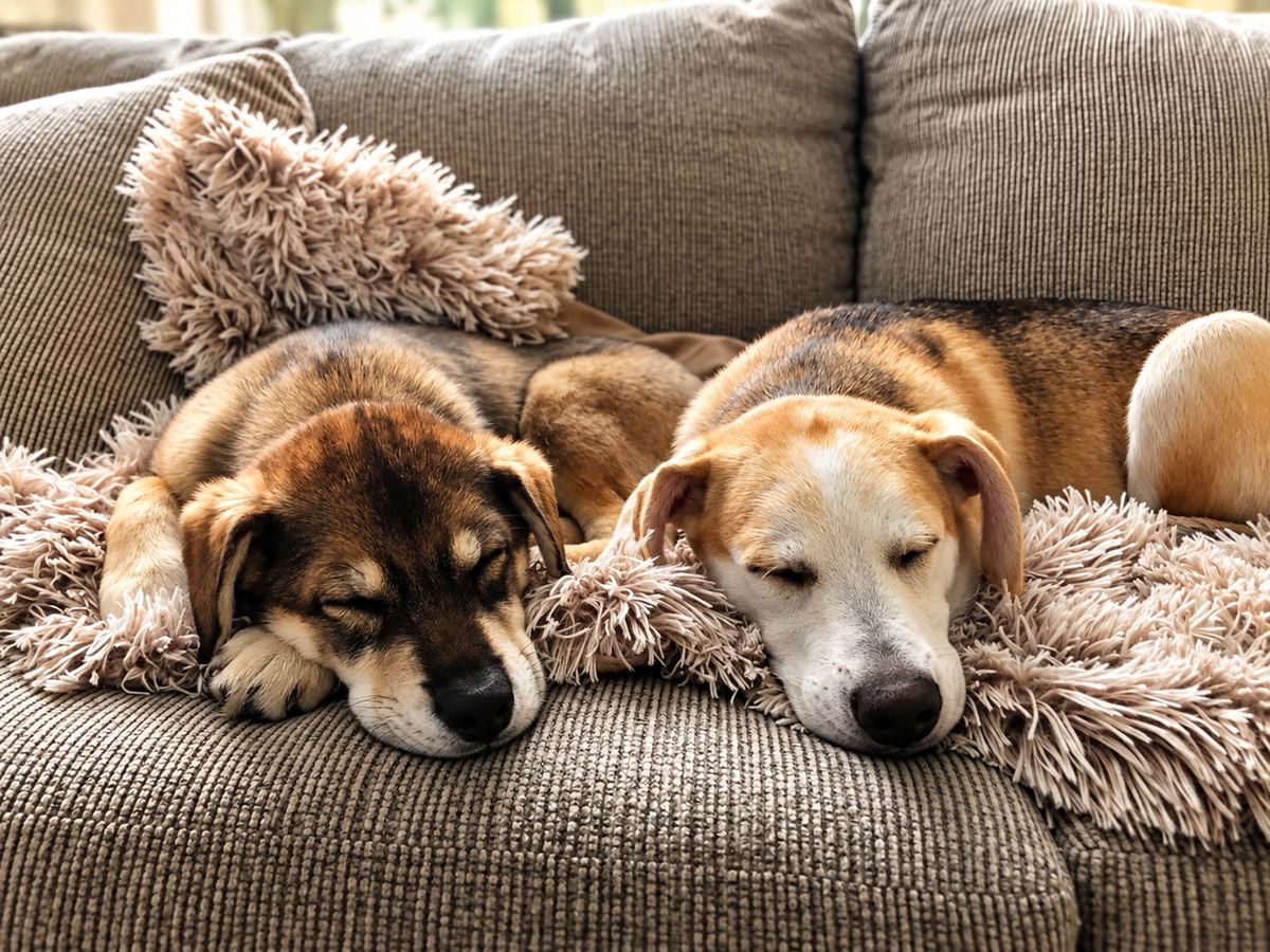 Two sleeping dogs resting on a brown textured couch cushion with fluffy beige throw pillows.